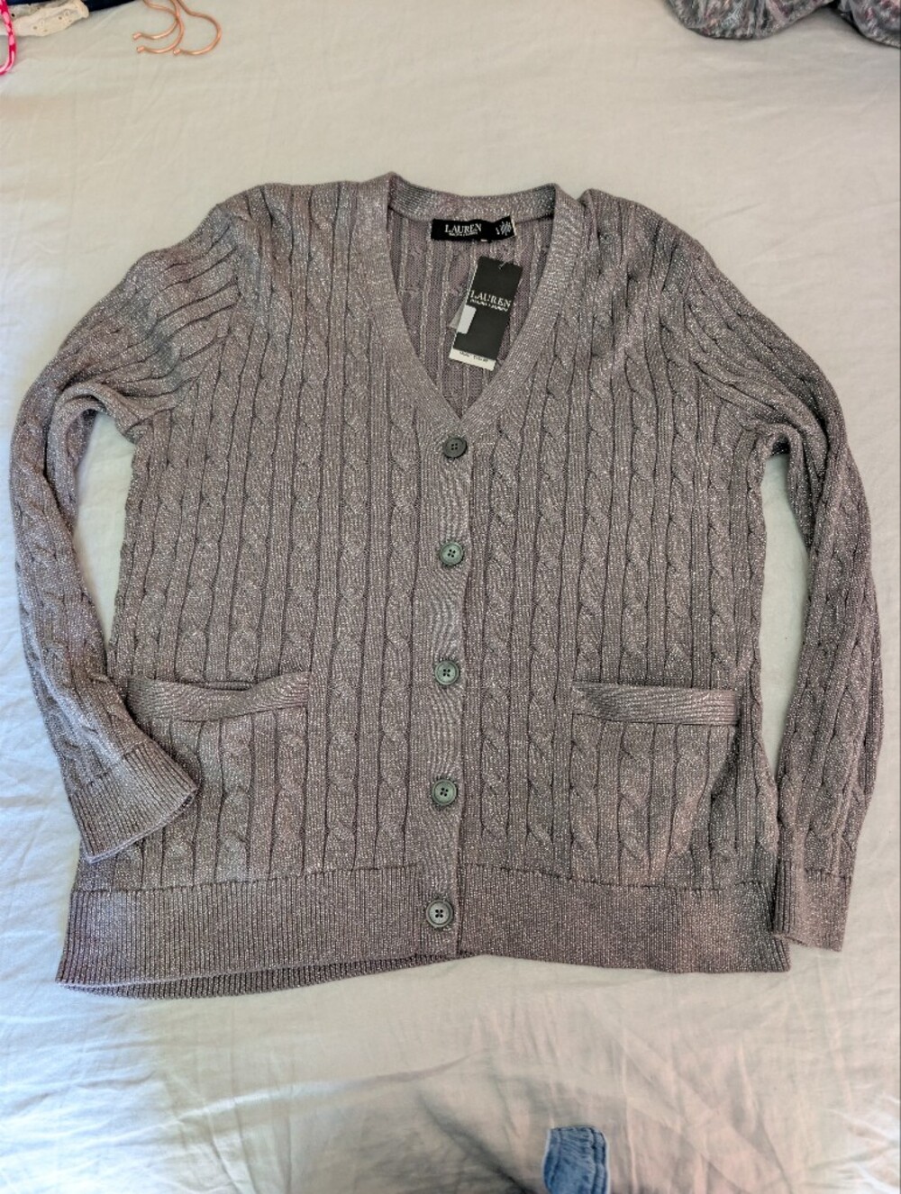 NWT Lauren Ralph Lauren Metallic Cable Knit Cardigan Sweater Silver Large